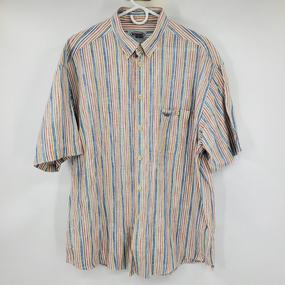 Vintage Missoni Sport XXL Short Sleeve Button Down Shirt Cotton Striped Preppy